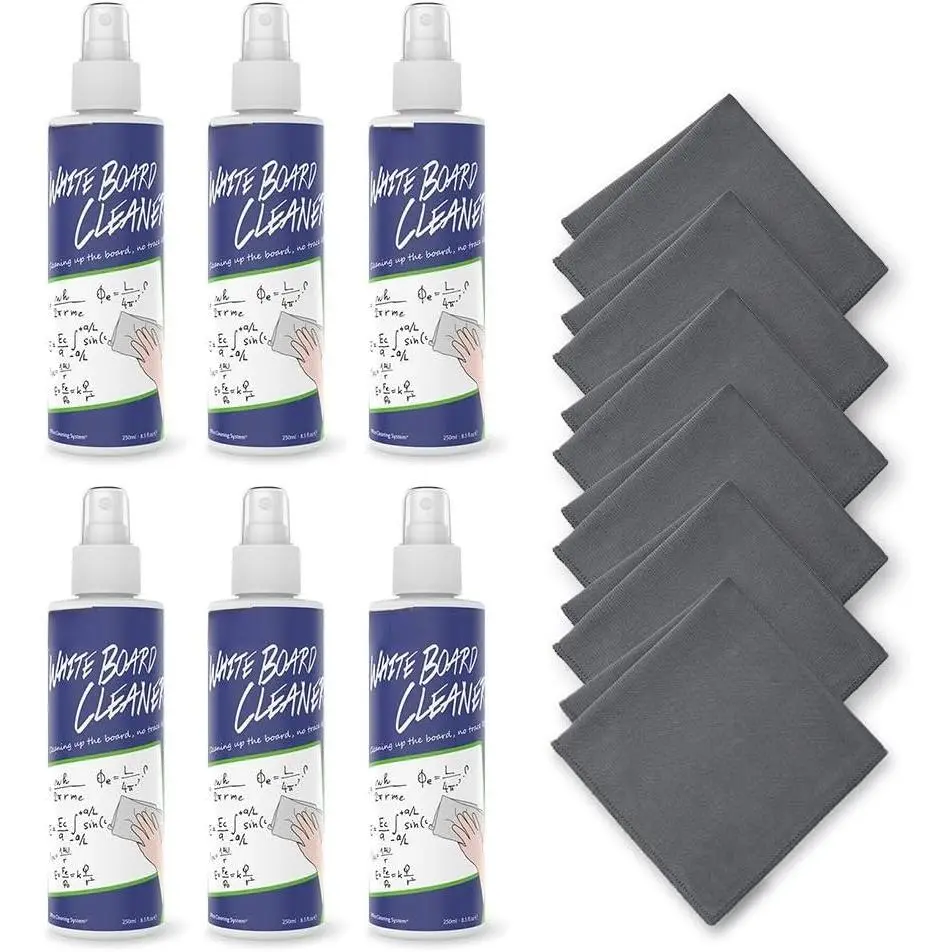 Whiteboard Cleaner, 8.5 fl oz Dry Erase Board Cleaner, Low-Odor Whiteboard Cleaning  with Cloths, Removes Stubborn Marks from Whiteboards, Chalkboard (6-Pack)
