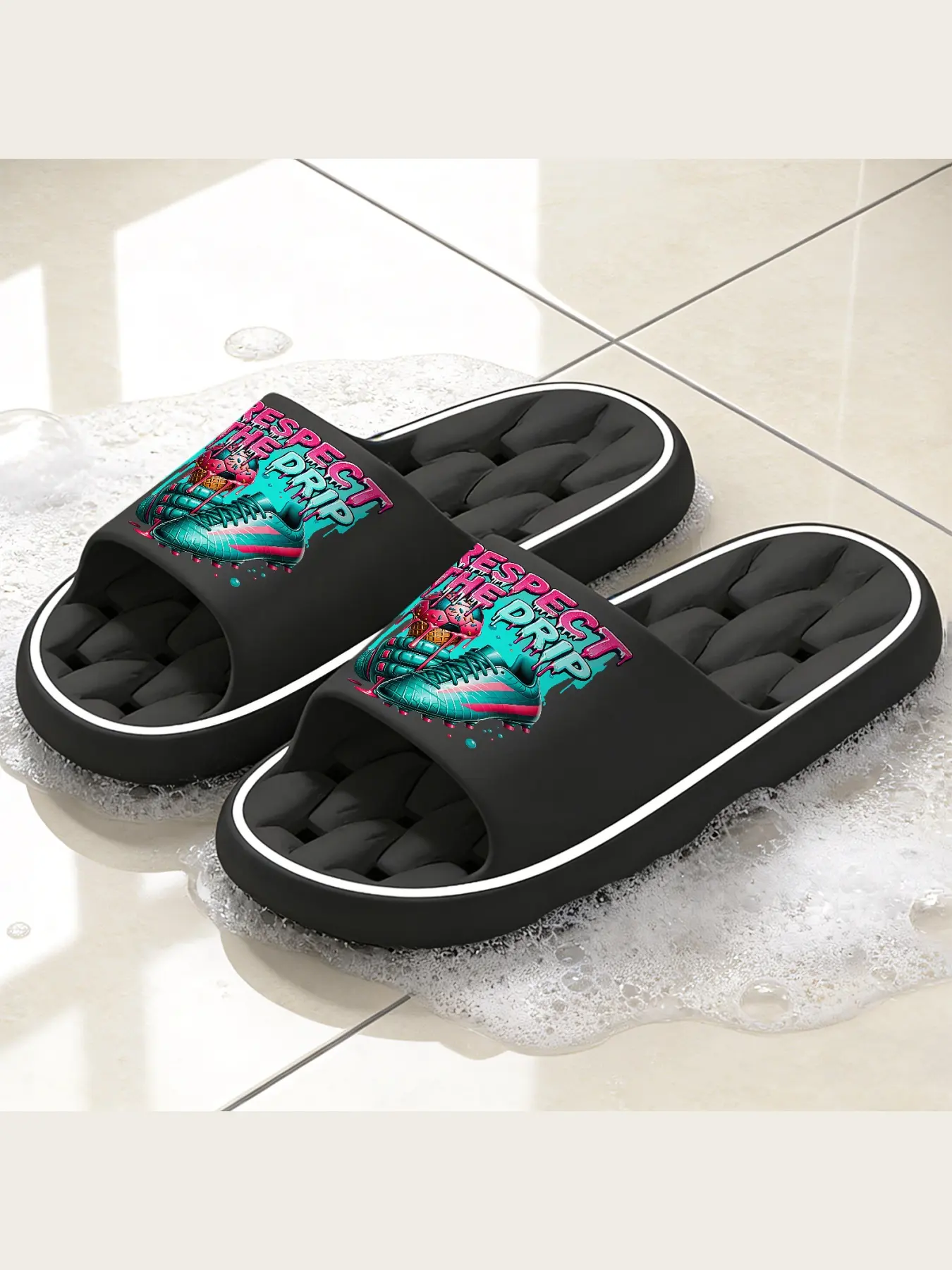 Trendy Soccer Themed Slide Slippers Respect The Drip Graphic Non Slip Comfortable Open Toe House Slippers Lightweight Soft Sole Indoor Outdoor Casual Slides For Men Women Teens Sports Street Style Footwear
