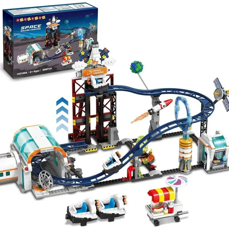 HOGOKIDS Space Roller Coaster Building Toy-888PCS Building Set Features Lift Platform, Satellites, Rocket Buildable  Park