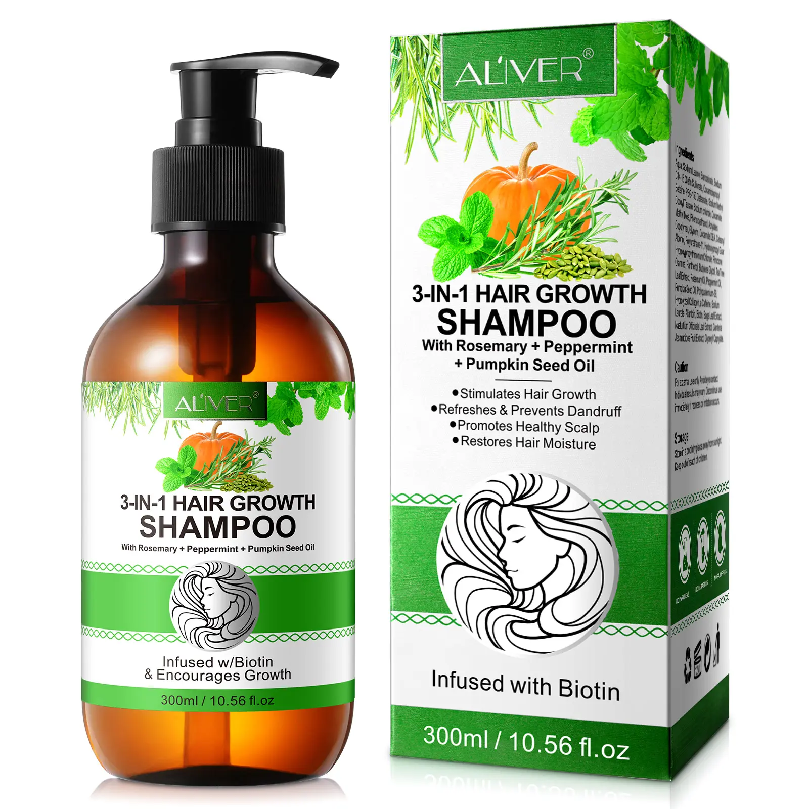 ALIVER 3in1 Shampoo (Rosemary & Peppermint & Pumpkin Seed Oil) can deeply cleanse the scalp of oil buildup, reduce follicle clogging, and relieve head oil and itchiness problems with long-term use to keep the scalp fresh