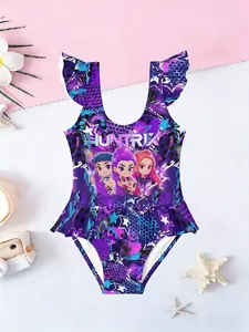 Idol Girl Group Theme Swimsuit, Personalized Vacation Ruffle One-Piece Swimwear, Fitted Style, Random Print, Unique Design