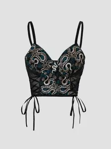 Women's Underwear Lace Corset Top with Snake Embroidery, Waist Cinching Tie, Snakes Decoration, Geometric Pattern, All Seasons, Fashion