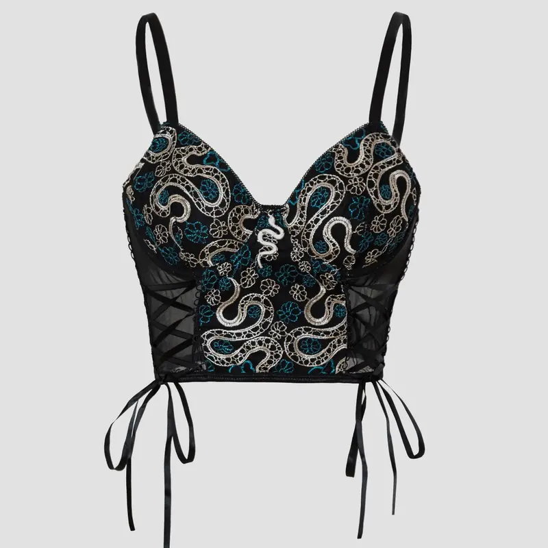 Women's Underwear Lace Sheer Corset Top Vneck with Snake Embroidery, Waist Cinching Adjustable Tie, Snakes Decoration, Geometric Pattern, All Seasons, Fashion, Piece, Sleeveless Fitted
