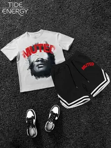 Men's Hip Hop Style 'muted' Set, Vintage Print Loose T-Shirt & Basketball Shorts, Breathable Streetwear for Casual Wear