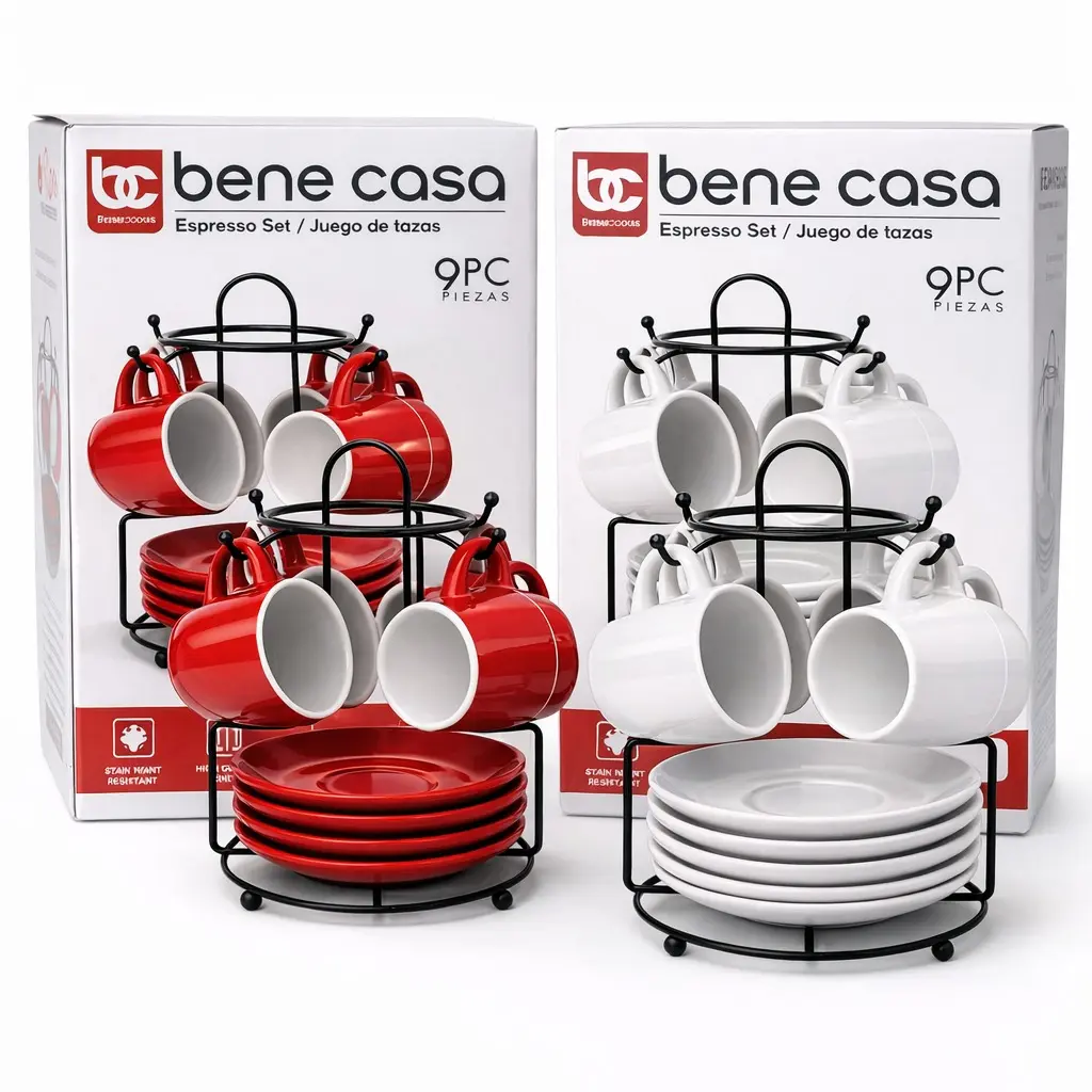 Bene Casa 9-Piece Metal Stand Espresso Set - Red/White Enamel Finish, Microwave-Safe Cups & Saucers, Modern Metal Organiser, Compact Elegant Kitchen Coffee & Tea Ware