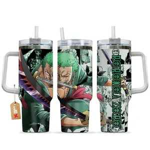 [Sip40 Otaku] Roronoa Zoro 40oz Handle Tumbler – Pirate Hunter Anime Stainless Steel Travel Mug, Santoryu Sword Style Cup, Double Wall Thermal Drinkware, Large Iced Coffee Tumbler, Otaku Gift for Anime Fans