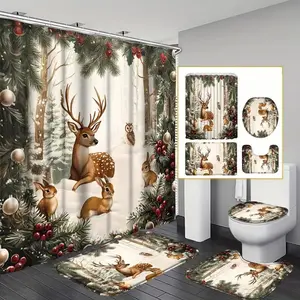 Vintage Christmas Style Snowy Deer and Animal Shower Curtain Set, Non-Slip Mat, U-Shaped Rug, Toilet Lid Cover, Bathroom Decor, Includes 12 Hooks, Bathroom Decoration Accessories