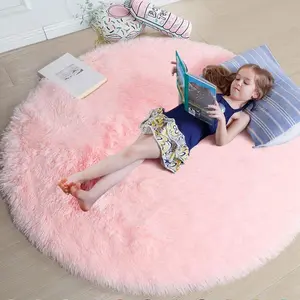 Light Pink Round Rug 4Ft for Girls Bedroom, Fluffy Circle Area Rugs for Kids Room Decor Aesthetic, Cute Shag Fuzzy Carpet for Nursery, Preppy Dorm, Classroom, Playroom, Teen, Baby, Washable