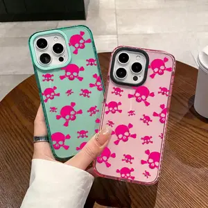 Phone Case for iPhone17/ 16 Plus 15 Pro Max 14 13 12 11 Pink Skull Pattern Non-Yellowing Shockproof Soft Silicone Transparent Cover