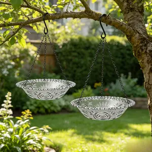 2-Tier Hanging Bird Feeder & Bird Bath Combo, Blue Decorative Plastic Bird Bath Bowl, Dual-Use Bird Water Feeder & Seed Tray for Outdoor Garden, Backyard Attractor for Wild Birds & Hummingbirds