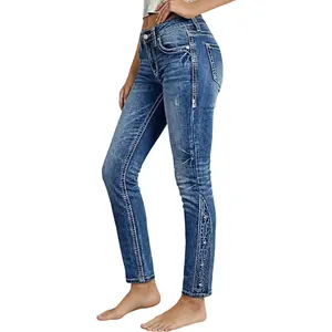 Flamingals Wash Stitch Detail Button Side Mid Rise Skinny Jeans Stretchy 28" Inseam