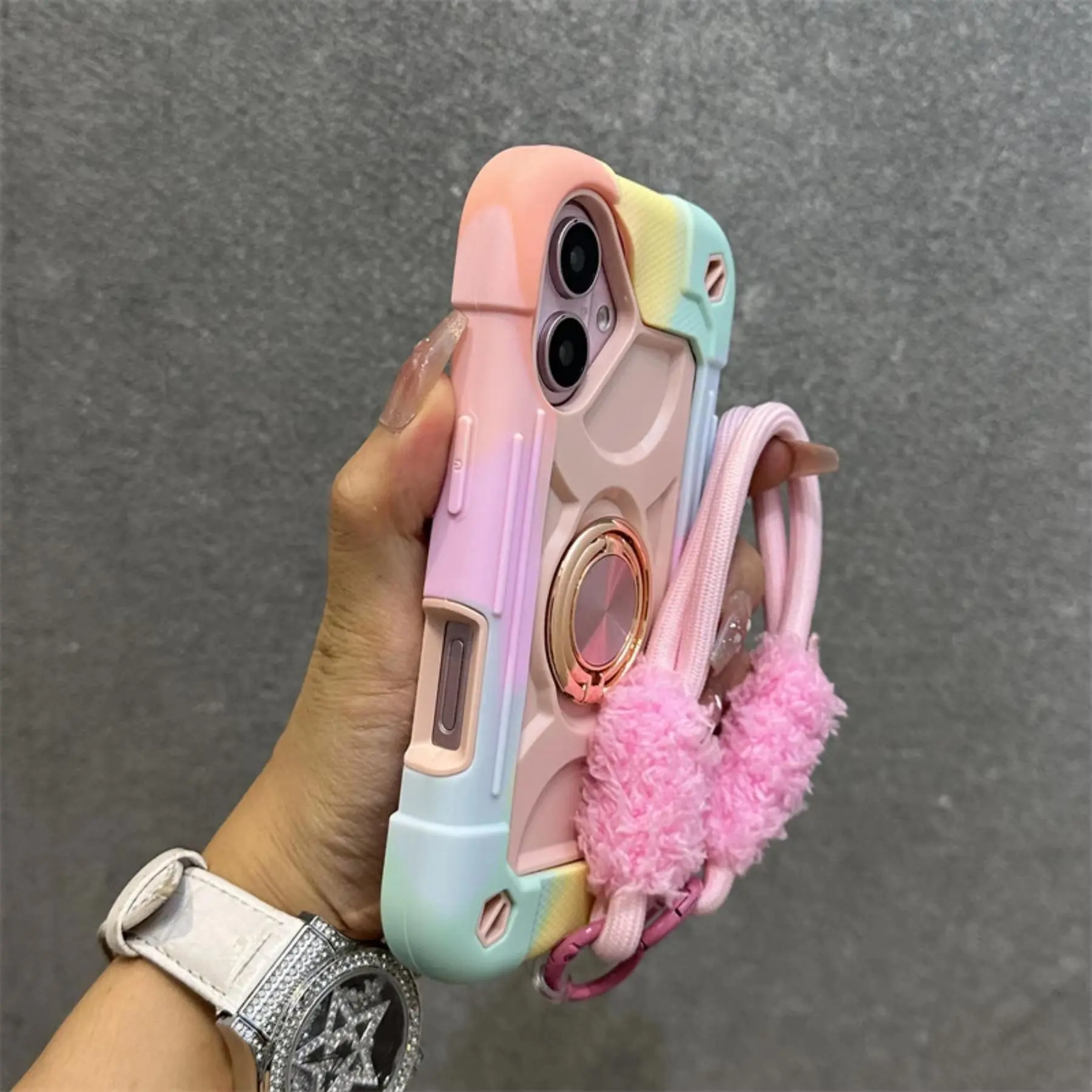 LUCY New Luxury Shockproof Heavy-Duty Protective Ring Holder Lanyard Smartphone Casing, PC-TPU Armor Cover for iPhone 13 14 15 16 17 Pro Max Plus Handheld Devices, Protection