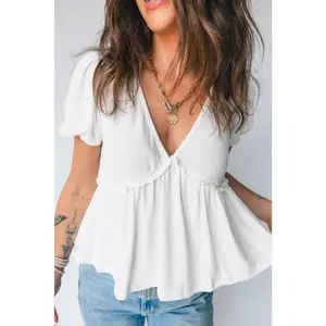 White Textured Knit V Neck Short Bubble Sleeve Peplum Top