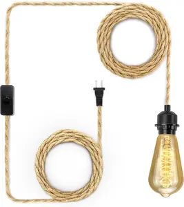 Plug in Pendant Light Cord, Farmhouse Hanging Lights with Plug in Cord, 15FT Hemp Rope Plug in Hanging Light Cord Kit with On/Off Switch, E26 E27 Light Socket Cord for Hanging Light