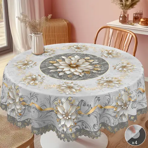 【Moving Season】PLUMLIK Floral Tablecloth, Elegant Golden Grey Round Rectangular Table Cover,bridal shower gift, Wedding Birthday Indoor Outdoor Home Party Decoration,  Holiday Decor, Kitchen Festive Accessories, Farmhouse Coffee Table Decor, Home S