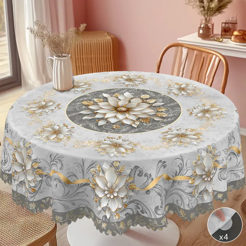 【Moving Season】PLUMLIK Floral Tablecloth, Elegant Golden Grey Round Rectangular Table Cover,bridal shower gift, Wedding Birthday Indoor Outdoor Home Party Decoration,  Holiday Decor, Kitchen Festive Accessories, Farmhouse Coffee Table Decor, Home S