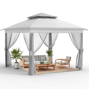 11x11 FT Outdoor Gazebo, Heavy Duty Pavilion With Sturdy Metal Frame & Double Roofs, Patio Shelter With Mosquito Netting,Grey
