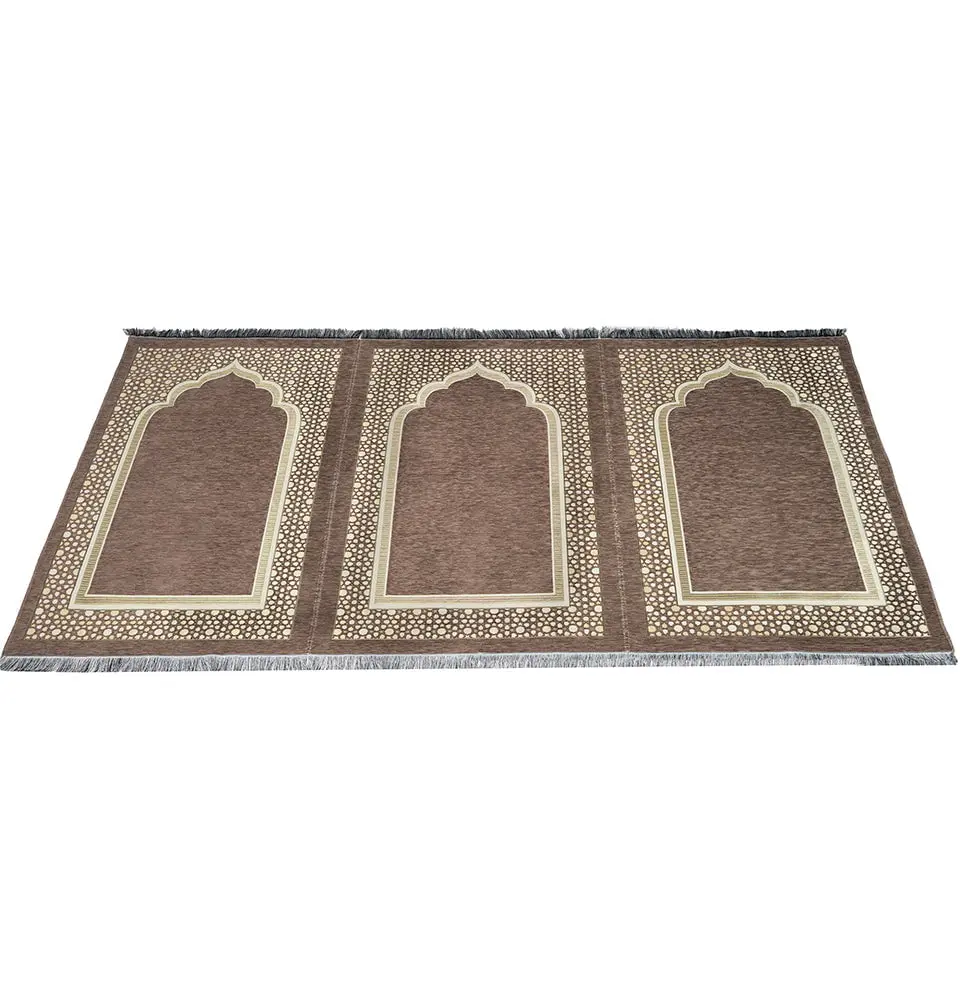 Wide 3 Person Masjid Islamic Prayer Rug - Chenille Embroidered Selcuk Star - Beige