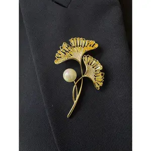 Freshwater Pearl Gold/Silver ginkgo brooch pin pendant handmade