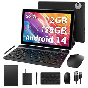 10.1-inch Android 14 Tablet Bundle, 6GB Native RAM (Supporting 12GB Expand) + 128GB ROM, Quad-Core Processor, 8000mAh Battery, Dual-Band WiFi, BT 5.0, Dual Cameras, Keyboard, Mouse, Stylus & Protective Case Included, WiFi-Only Tablet PC for Work, Study