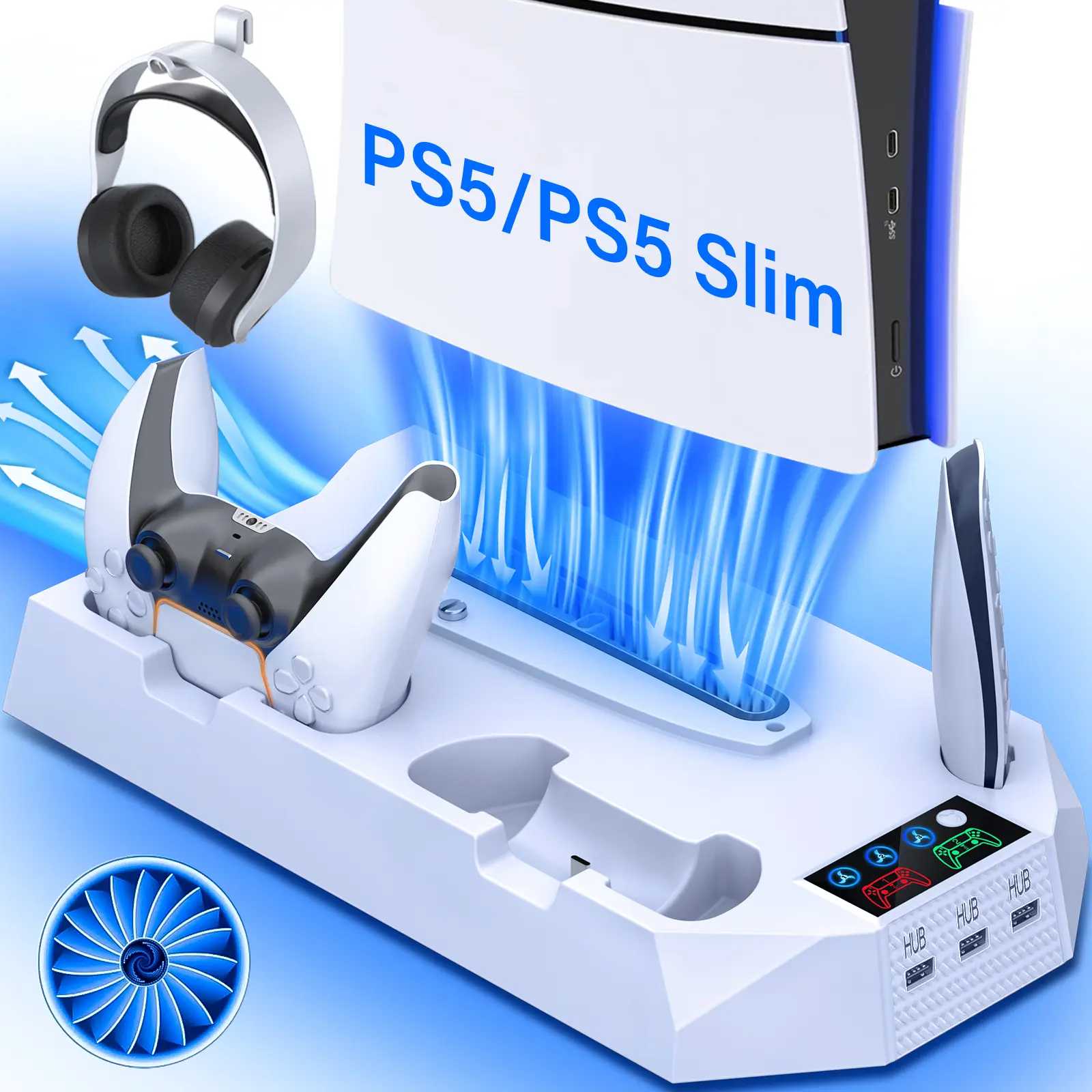 Charging Base Cooling stand for PS5 Slim/Standard, with 3 Level Turbo Cooling Fan ps5 Accessories White