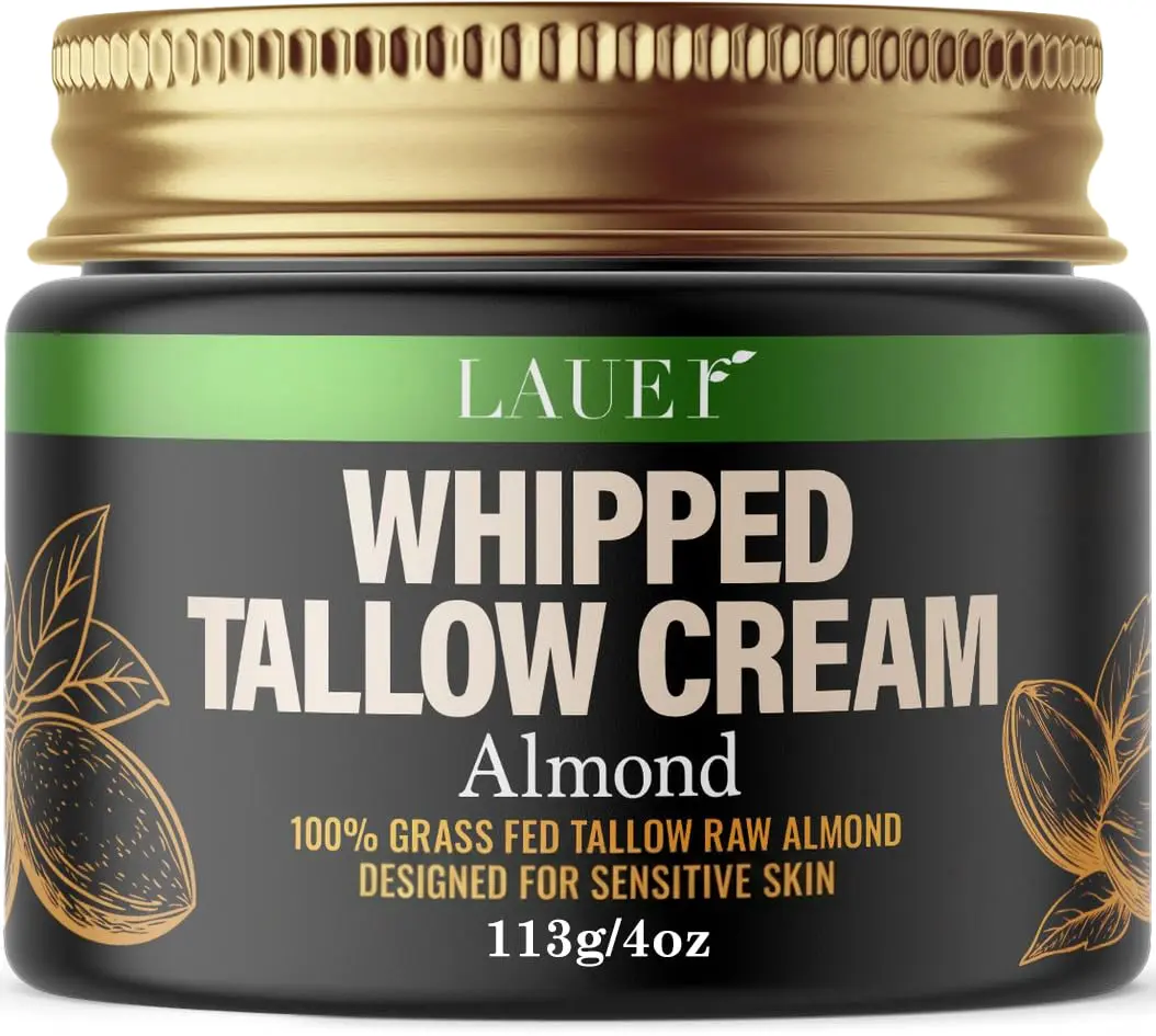 LAUER Whipped Tallow Cream with Grass-Fed Beef Tallow, Ceramide, Hyaluronic Acid & Niacinamide, Almond Moisturizer for Face & Body, Deep Hydration for Dry & Sensitive Skin, 4 oz