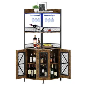 【GARVEE】Corner Bar Cabinet with Power Outlet and LED Strip, Industrial Wine Cabinet with 5-Tiers Storage, Corner Display Cabinet, Liquor Cabinet for Home, Living Room, Kitchen