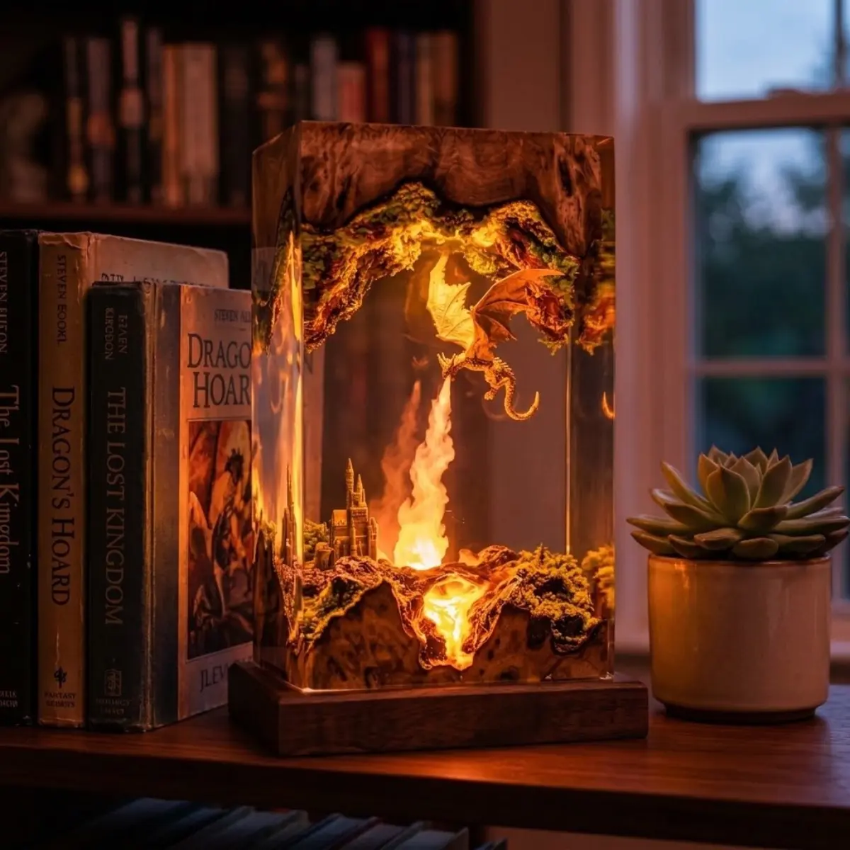 Resin Dragon Night Light, Fantasy Fire Dragon Diorama Lamp, Handmade Epoxy Resin Art, Glowing Dragon Decor, Magical Desk Light, Fantasy Room Decoration, Unique Gift for Dragon Lovers