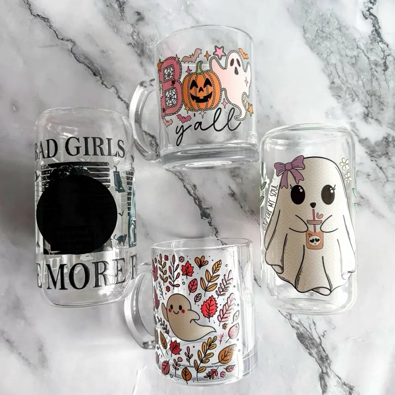 CLEARANCE Fall Glass Cups,  Drinkware, Coffee Cup, Halloween, Fall Vibes, coffee lover