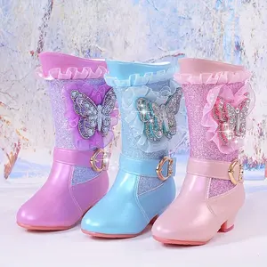 Girls' Winter Boots with Sparkling-Adorned & Ruffled Collar - Mid-Calf Zipper Closure, Soft Lining & Rubber Sole - Pink/PurplePinkish-Purple, Durable Youngsters'S Footwear, Decorative Embellishments