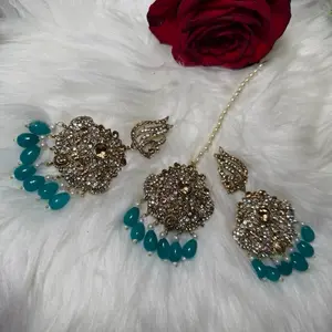 Elegant Teal & Silver Tikka Set with Stone & Beads Design