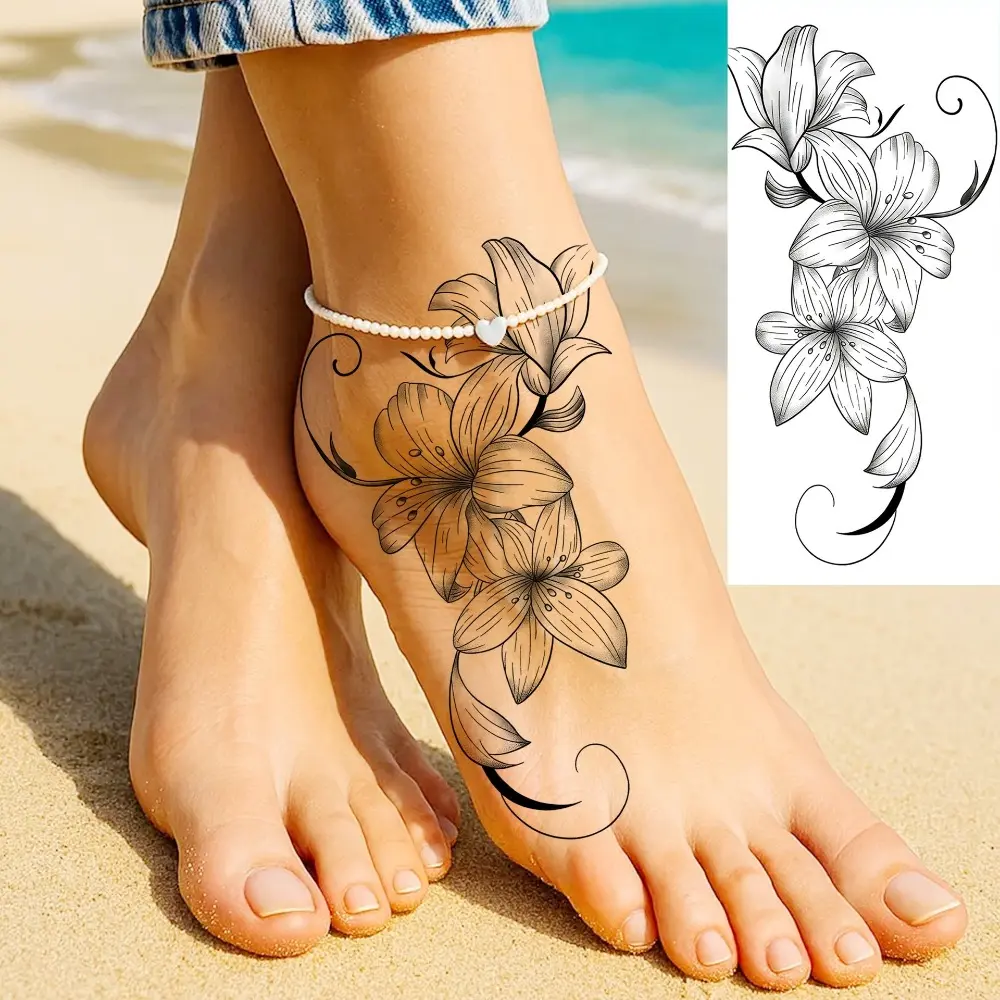 4-Pack Large Lily Flower Temporary Tattoos, 7.08 x 4.33 Inch Black Fine Line Floral Body Art Stickers for Arms, Shoulders, Back, Legs, Festivals and Parties