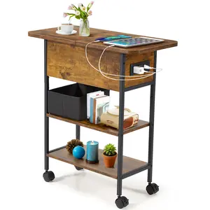 EROMMY Multi-Functional Flip Side Table w/USB Charging Station, 360° Swivel Wheels & Storage Shelf | Space-Saving Slim Design for Living Room/Bedroom | Rustic Brown Wood End Table