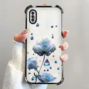 For [iPhone Xs Max] luxury women's phone case🥰, electroplated four-corner shockproof protection, crystal clear blue flower with water drop design, sophisticated and eye-catching666