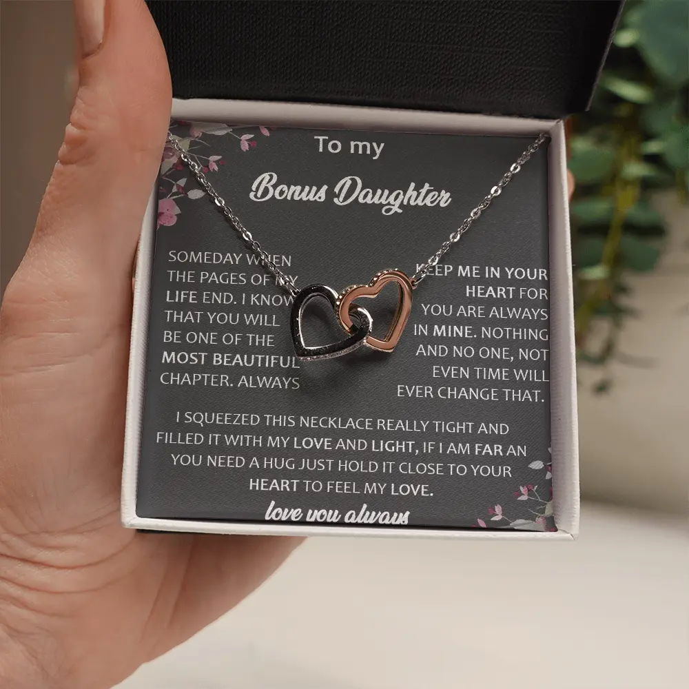 Interlocking Hearts Necklace for Bonus Daughter, Stepdaughter Gift from Stepmom Stepdad, Family Birthday Wedding Jewelry with Message Card Box