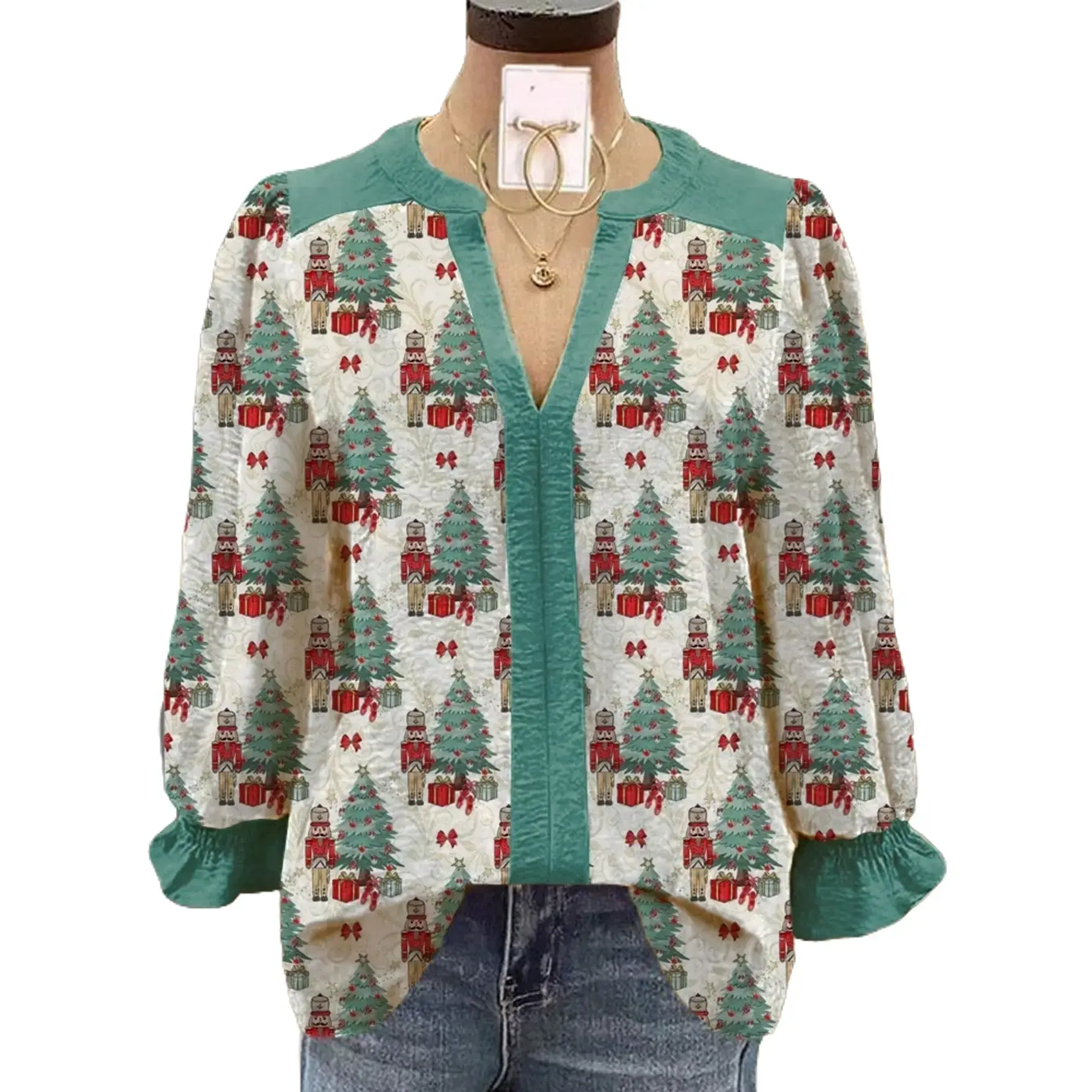 Women's Green Polyester Woven Nutcracker Soldier Print V-Neck 3/4 Sleeve Drawstring Blouse - Lady-Fit Casual Piece