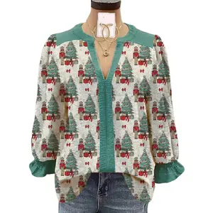 Women's Green Polyester Woven Nutcracker Soldier Print V-Neck 3/4 Sleeve Drawstring Blouse - Lady-Fit Casual Piece
