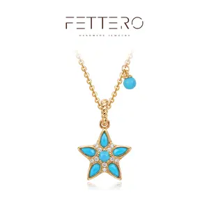 Fettero Gold Plated Turquoise Star Pendant Necklace for Women, Teardrop Stone Five Point Star Charm, Dainty Gold Chain Jewelry