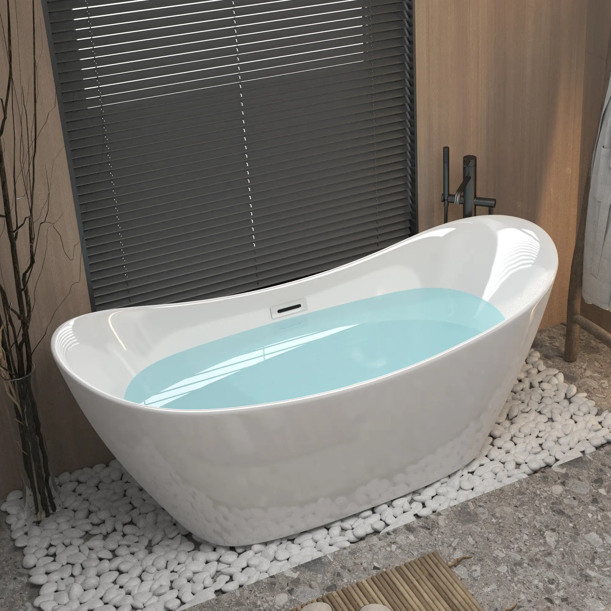 59" Acrylic Freestanding Bathtub, Glossy White Soaking Tub with Chrome Overflow & Pop-Up Drain, CUPC Certified, 8-Layer Reinforced Coating, Ergonomic Design for Full Body Immersion