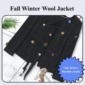 DUSHE Lady's Wool Tweed Coat - 2026 New Fall-Winter Feminine Elegant Chic Long-Sleeve Top-Jacket, Black Round Neck, Multiple Buttons, Ribbon Tassel Accessories, Casual Fit, Comfortable Wool Fabric 1-Piece Women's Clothes
