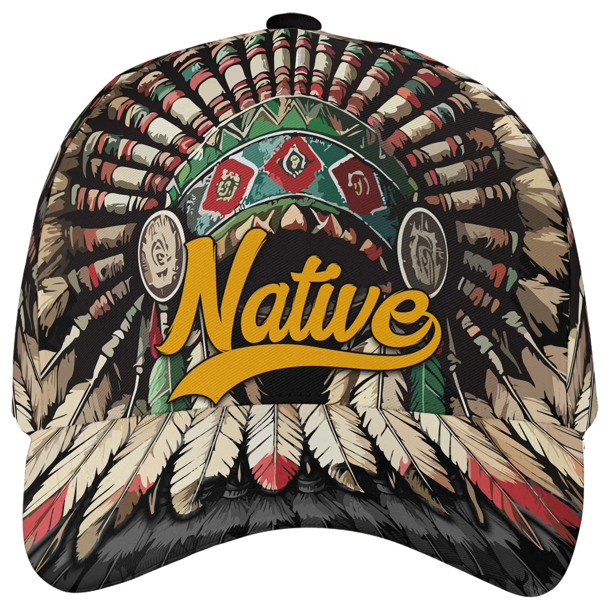 Native Inspired Feather Headdress Classic Baseball Cap – Tribal Style Pattern Adjustable Hat, Western Boho Outdoor Casual Cap for Men and Women