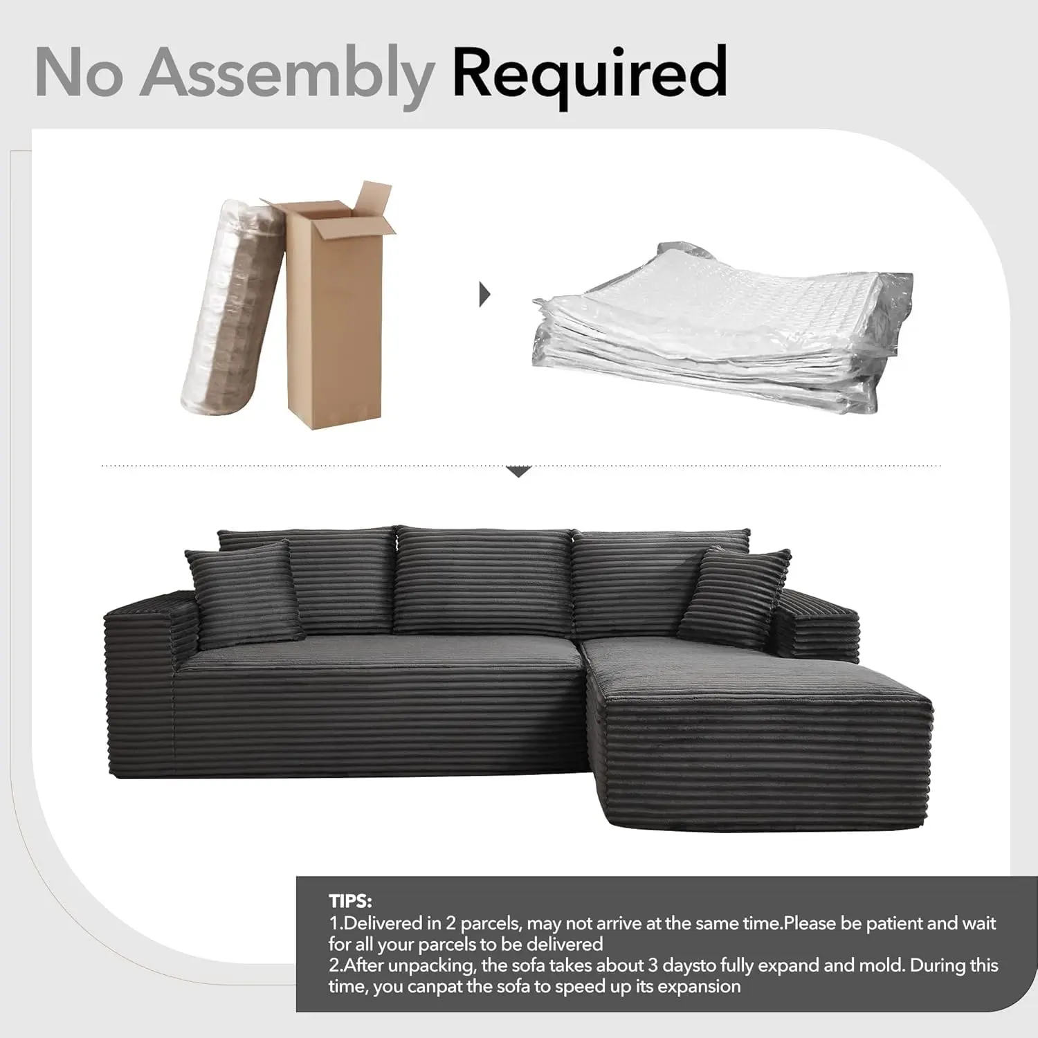 Garvee 108" Modular Cloud Sectional Sofa with Deep Seats, L-Shaped Left or Right-Facing Chaise, Soft Corduroy Upholstery, Boneless Cushions, No Assembly Needed, Modern Comfortable Couch for Living Room or Bedroom in Multiple Colors