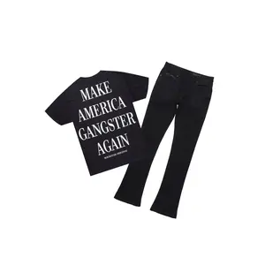 Drako Black/White Oversized Graphic T-Shirt/Dag Stacked Flare Jean Set