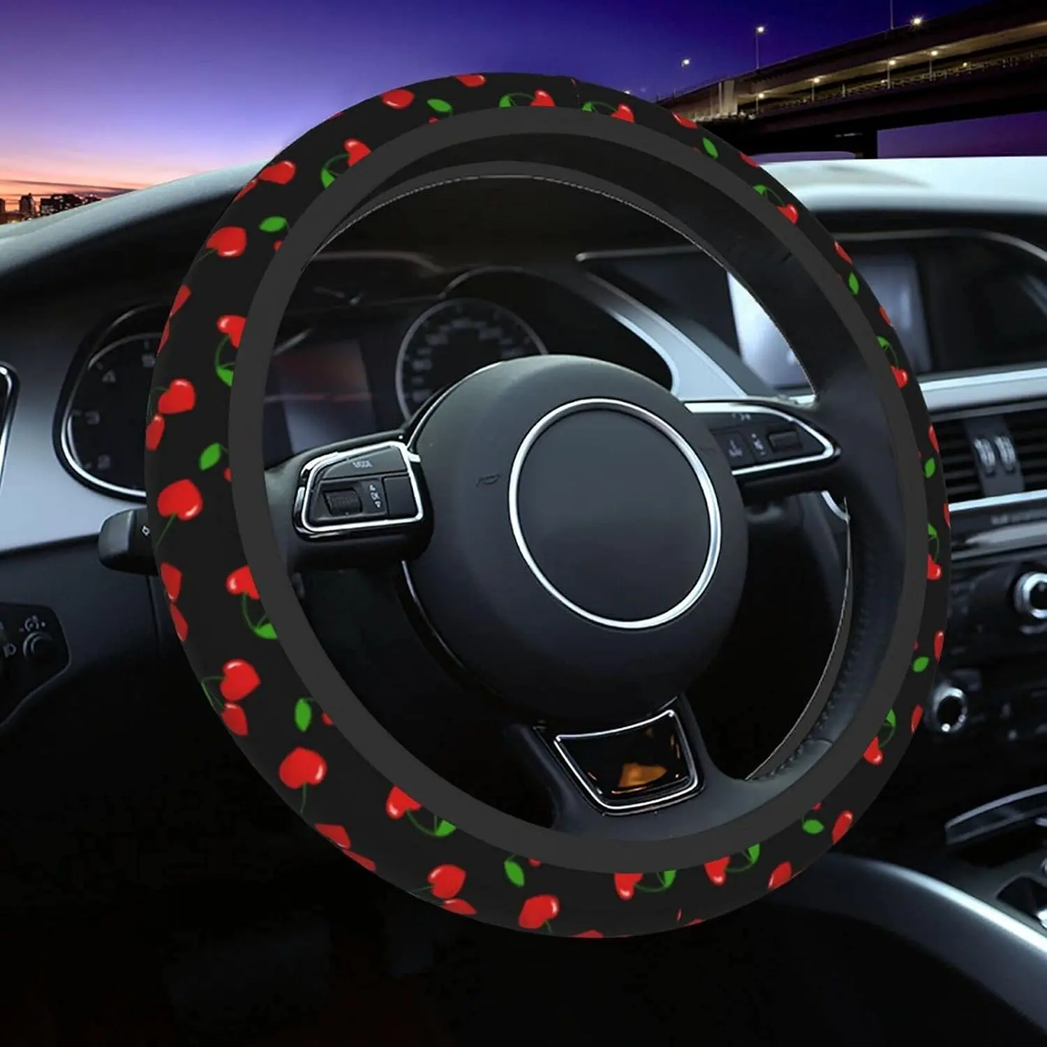Red Hearts Cherry Steering Wheel Covers Non Slip Neoprene Steering Wheel Protector Universal 15 inch for Men Women