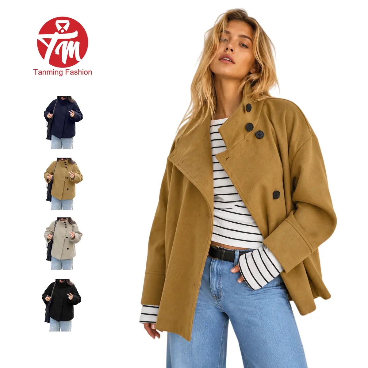 Tanming Women's Cropped Wool Blend Pea Coat, a Casual Single-Breasted Short Winter Jacket with Long Sleeves and Loose Fit, Long Sleeve