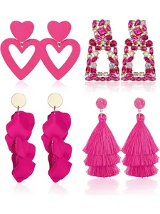 4 Pairs Clip Earrings for Women Hot Pink Heart Dangle Drop Earrings Rhinestone Geometric Statement Earrings Long Rose PetalTassel Earring Non Piercing Earrings Set Earring Stacking Set