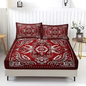 3Pcs Boho Paisley Fitted Sheet Set, Deep Red Floral Medallion Print, Soft Fabric. Elegant Traditional Aesthetic for Modern Bedrooms & Dorms. All-Season Comfort, Durable & Wrinkle-Resistant Bedding Decor. Includes 2 Pillowcases, No Pillow Core