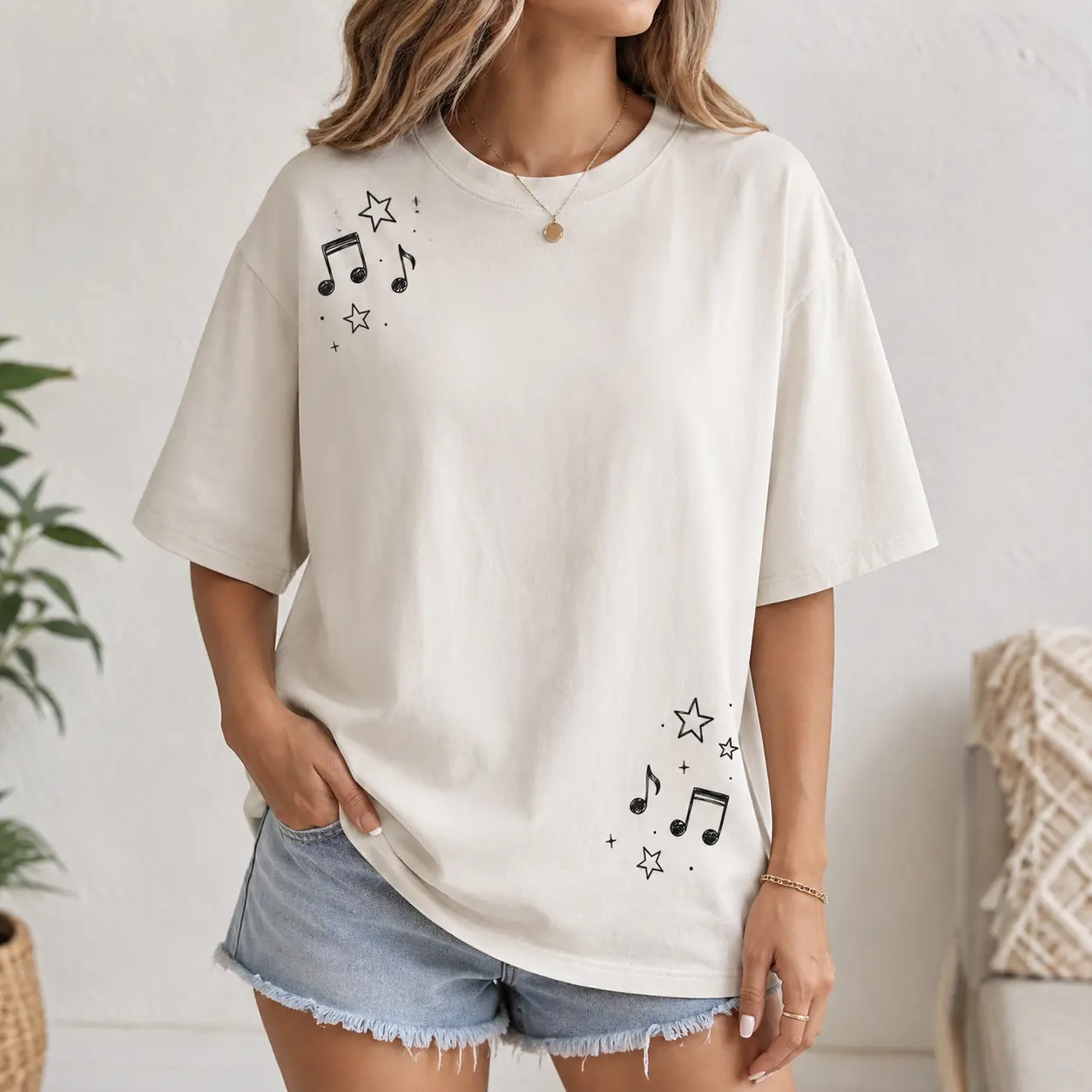 [100% Cotton] Music Notes T-Shirt, Minimalist Star and Note Graphic Tee, Music Notes Oversized Shirt for Women, Simple Music Lover Tshirt for Casual Days, Concert Outfit and Birthday Gift