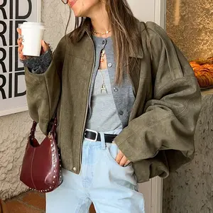 SHEEN Women's Faux Suede Jacket -2026 Spring/Autumn Vintage Solid-Color Collared Zip-Up Long-Sleeve, Loose Batwing Sleeve with Epaulets Bomber Warm Outerwear, Basic Top