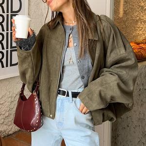 SHEEN Women's Faux Suede Jacket -2026 Spring/Autumn Vintage Solid-Color Collared Zip-Up Long-Sleeve, Loose Batwing Sleeve with Epaulets Bomber Warm Outerwear, Basic Top